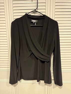 DKNY Black Draped Wrap-Front Long Sleeve Top - V-Neck